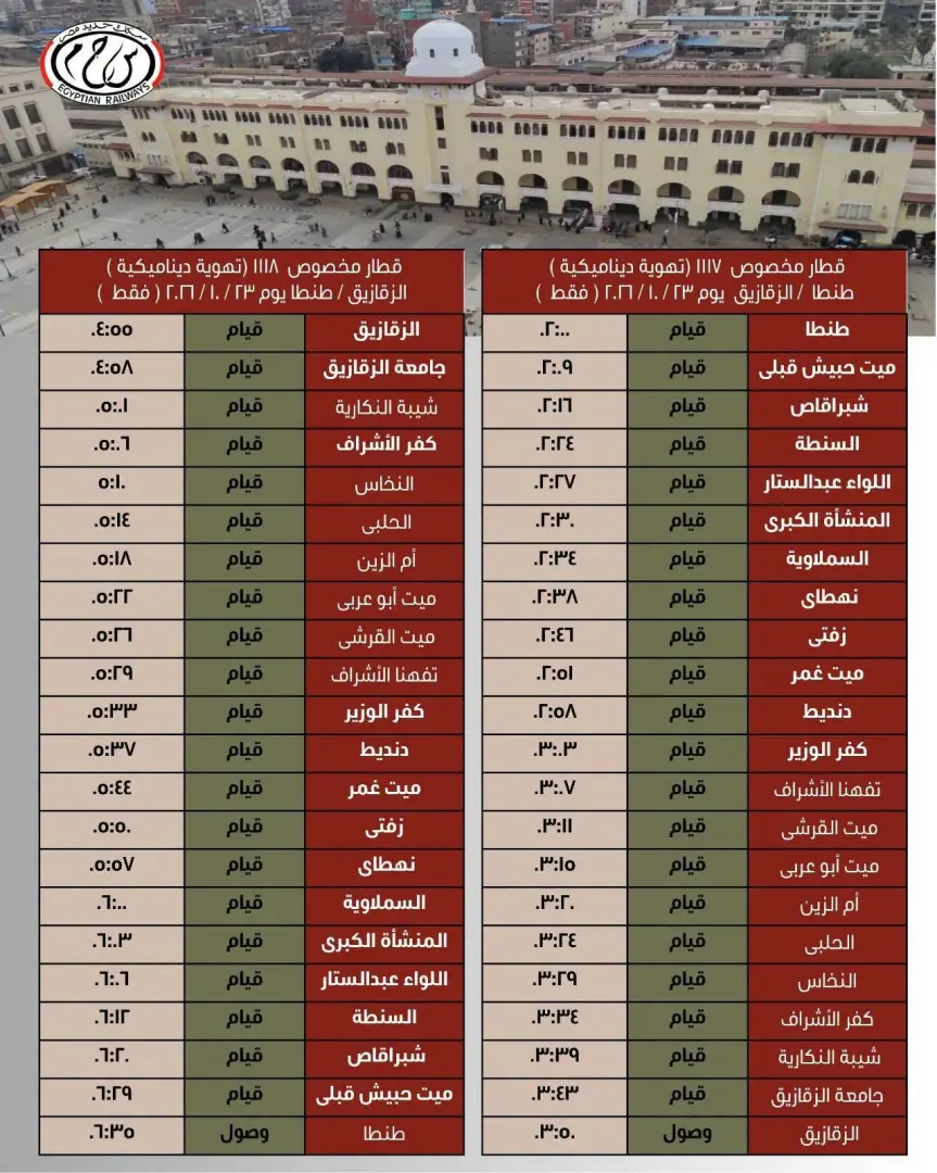 السكة الحديد تعلن تشغيل قطارات مخصوصة وتعديل مواعيد عدد من الرحلات من وإلى طنطا - 1000017923
