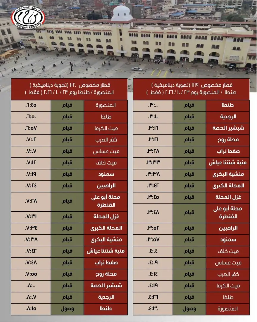 السكة الحديد تعلن تشغيل قطارات مخصوصة وتعديل مواعيد عدد من الرحلات من وإلى طنطا - 1000017924