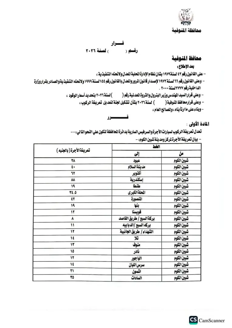 محافظ المنوفية يعتمد تعريفة الركوب الجديدة لسيارات الأجرة والتاكسي بالخطوط الداخلية والخارجية - 1000456696
