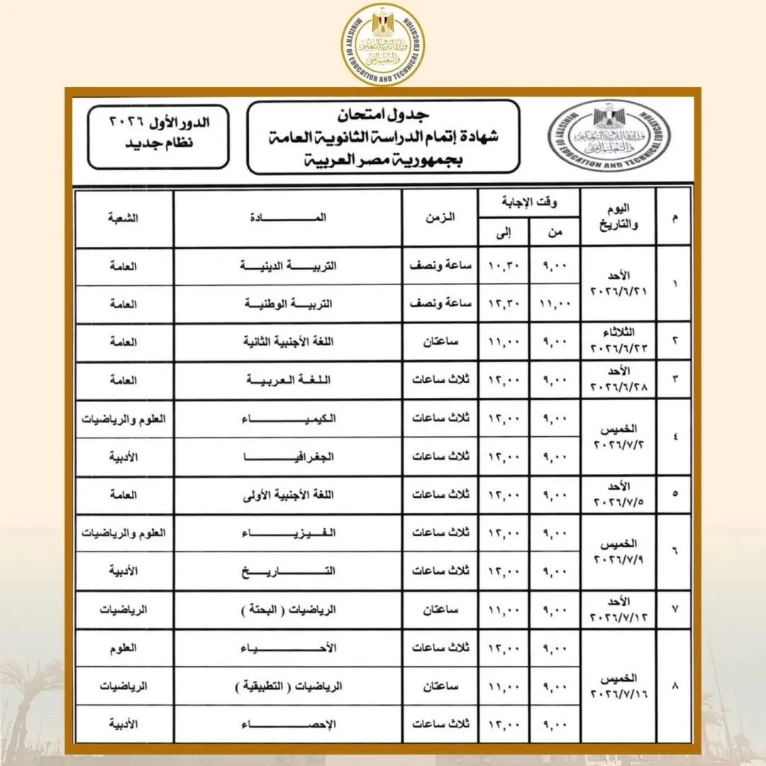 وزير التربية والتعليم يعتمد جدول امتحانات شهادة إتمام الثانوية العامة للدور الأول 2026 - 1000537824