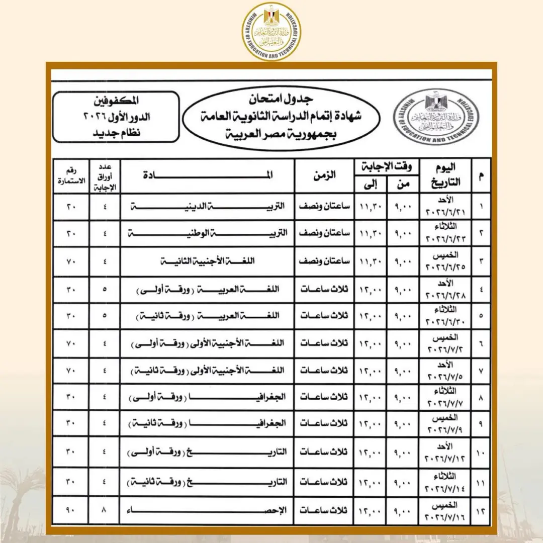 وزير التربية والتعليم يعتمد جدول امتحانات شهادة إتمام الثانوية العامة للدور الأول 2026 - 1000537826
