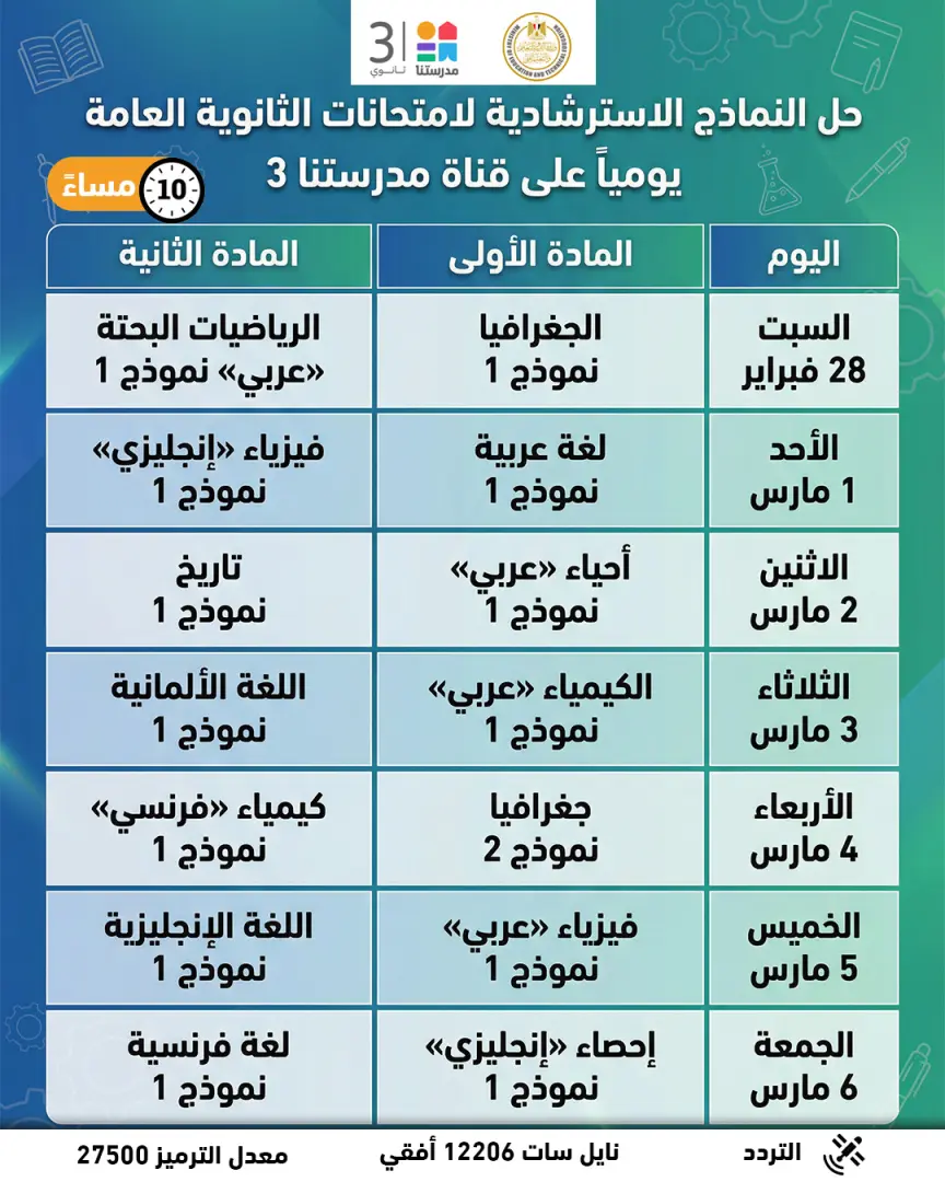التعليم تعلن موعد طرح النماذج الاسترشادية لامتحانات الثانوية العامة 2026 (الرابط والتفاصيل) - 1000559119