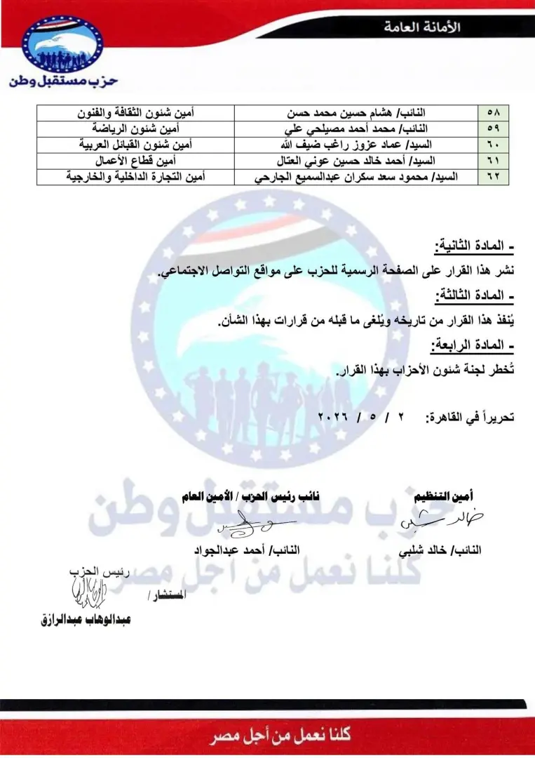 حزب مستقبل وطن يعتمد التشكيل التنظيمي الجديد للأمانة المركزية - 1000582550