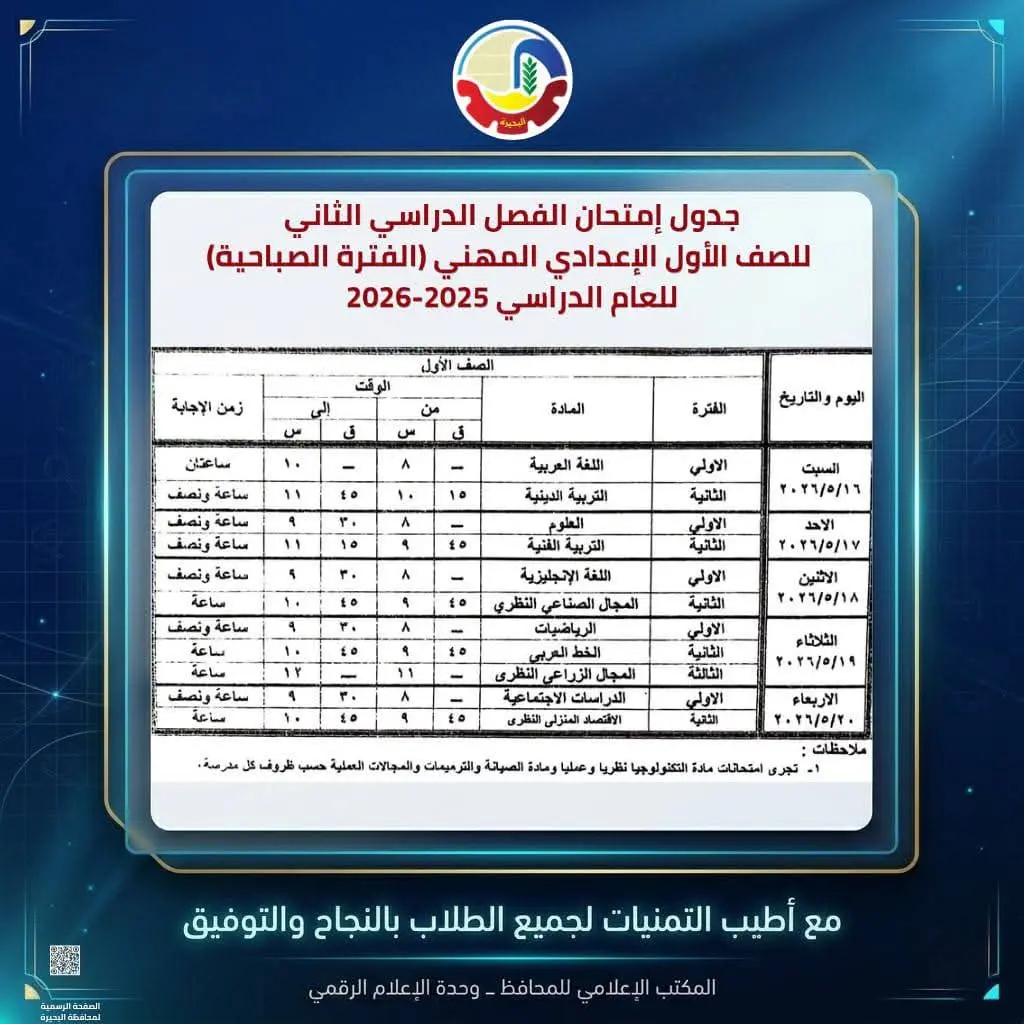 محافظ البحيرة تعتمد جداول إمتحانات الفصل الدراسي الثاني للعام الدراسي ٢٠٢٥ - ٢٠٢٦ - 1000594528