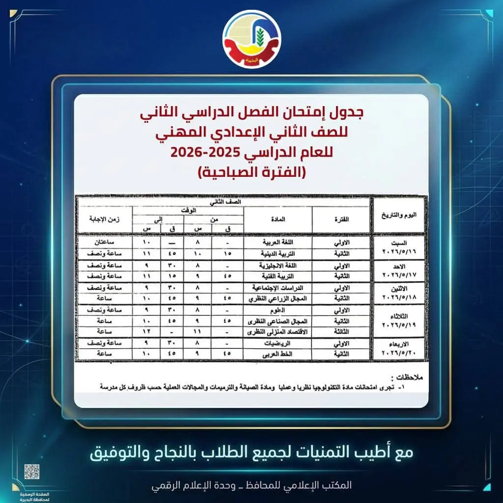 محافظ البحيرة تعتمد جداول إمتحانات الفصل الدراسي الثاني للعام الدراسي ٢٠٢٥ - ٢٠٢٦ - 1000594529