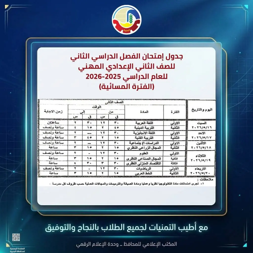 محافظ البحيرة تعتمد جداول إمتحانات الفصل الدراسي الثاني للعام الدراسي ٢٠٢٥ - ٢٠٢٦ - 1000594531