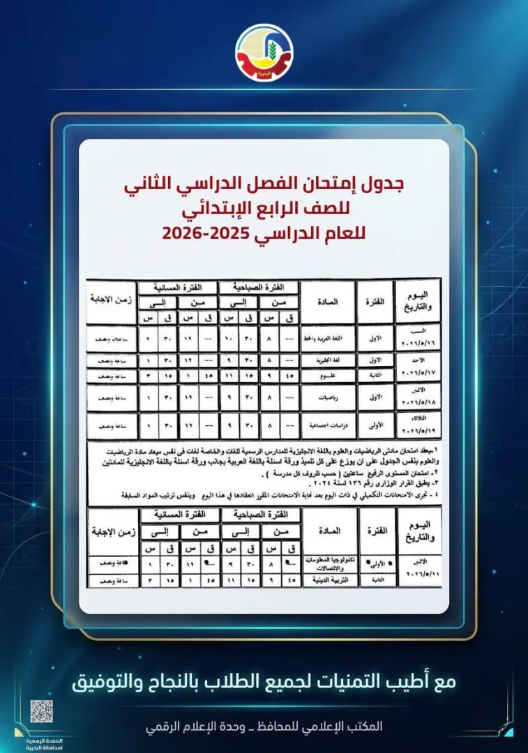 محافظ البحيرة تعتمد جداول إمتحانات الفصل الدراسي الثاني للعام الدراسي ٢٠٢٥ - ٢٠٢٦ - 1000594535