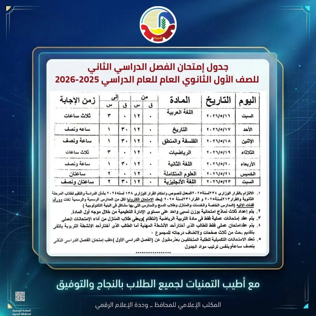 محافظ البحيرة تعتمد جداول إمتحانات الفصل الدراسي الثاني للعام الدراسي ٢٠٢٥ - ٢٠٢٦ - 1000594542