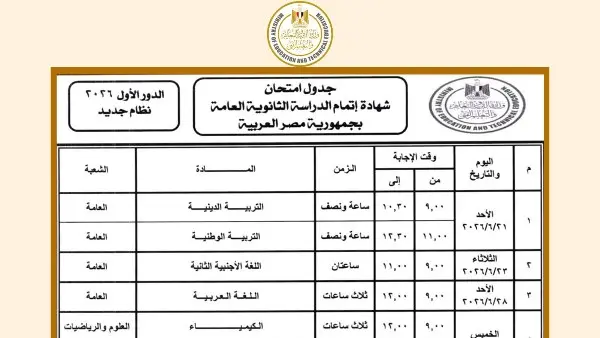 جدول امتحانات الثانوية العامة 2026، يفصلنا 4 أيام فقط عن انطلاق ماراثون امتحانات الشهادة الثانوية في مصر؛ حيث أعلنت وزارة التربية والتعليم والتعليم الفني عن اللمسات الأخيرة لبدء الماراثون الرسمي لعام 2026 بجميع محافظات الجمهورية.