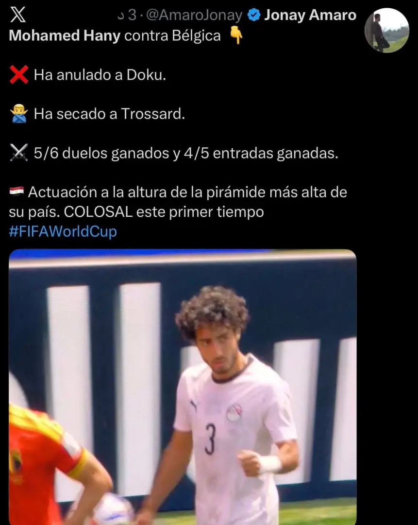 ​حظي محمد هاني، الظهير الأيمن للمنتخب الوطني المصري الأول لكرة القدم، بإشادة واسعة من وسائل الإعلام والشبكات الرياضية العالمية، عقب المستوى الدفاعي الاستثنائي الذي قدمه أمام منتخب بلجيكا. 