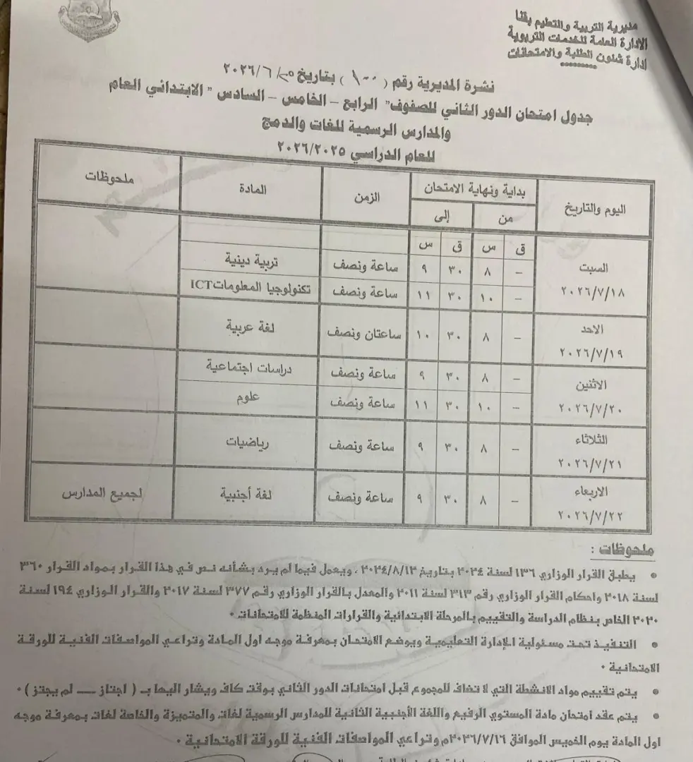 تعليم قنا يعتمد جداول امتحانات الدور الثاني لصفوف النقل والشهادة الإعدادية للعام الدراسي 2025/2026