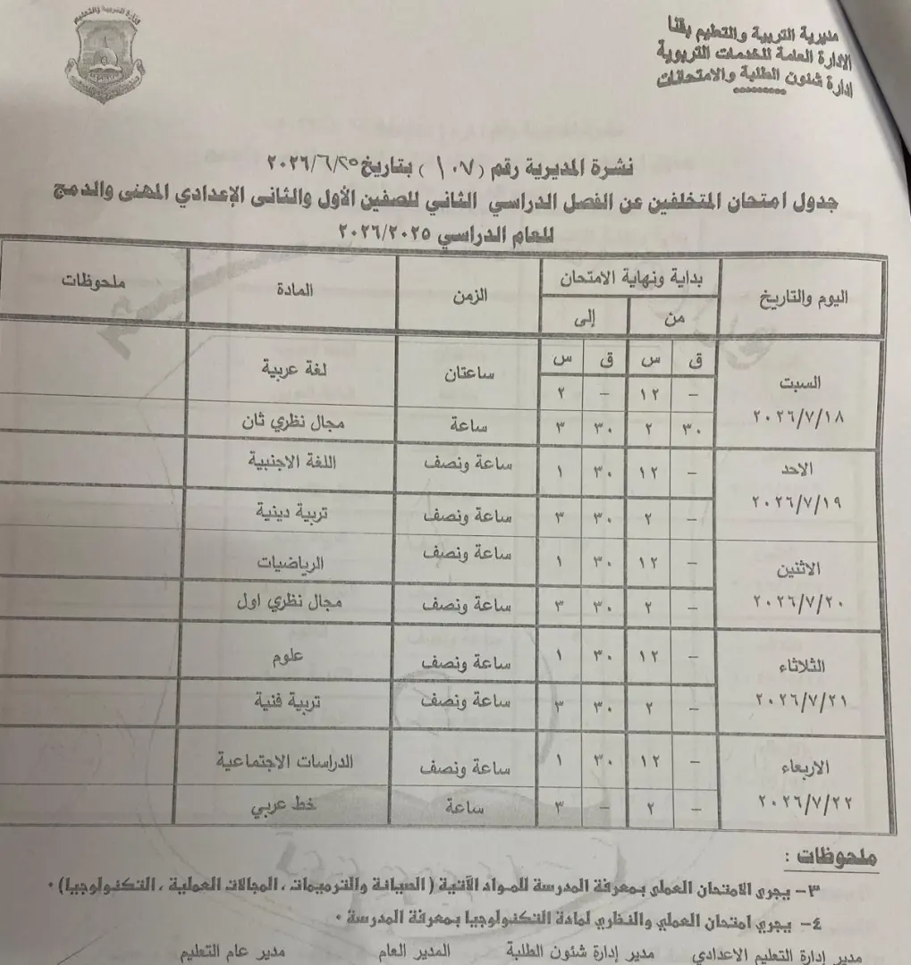 تعليم قنا يعتمد جداول امتحانات الدور الثاني لصفوف النقل والشهادة الإعدادية للعام الدراسي 2025/2026 - 1000710966