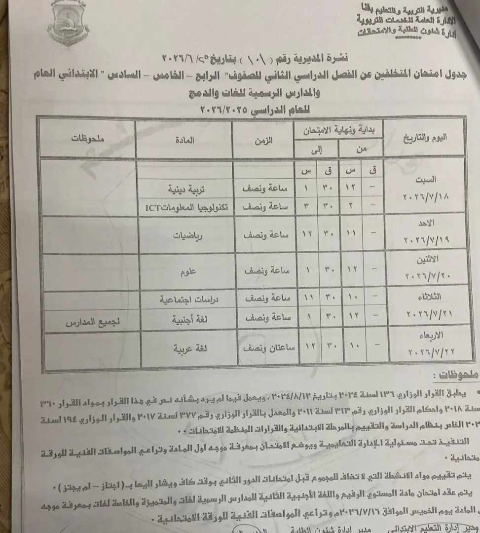 تعليم قنا يعتمد جداول امتحانات الدور الثاني لصفوف النقل والشهادة الإعدادية للعام الدراسي 2025/2026 - 1000710971