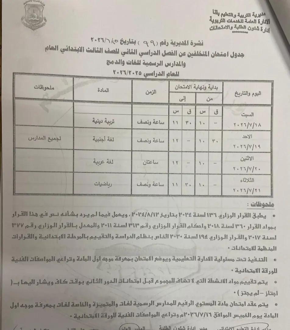 تعليم قنا يعتمد جداول امتحانات الدور الثاني لصفوف النقل والشهادة الإعدادية للعام الدراسي 2025/2026 - 1000710973