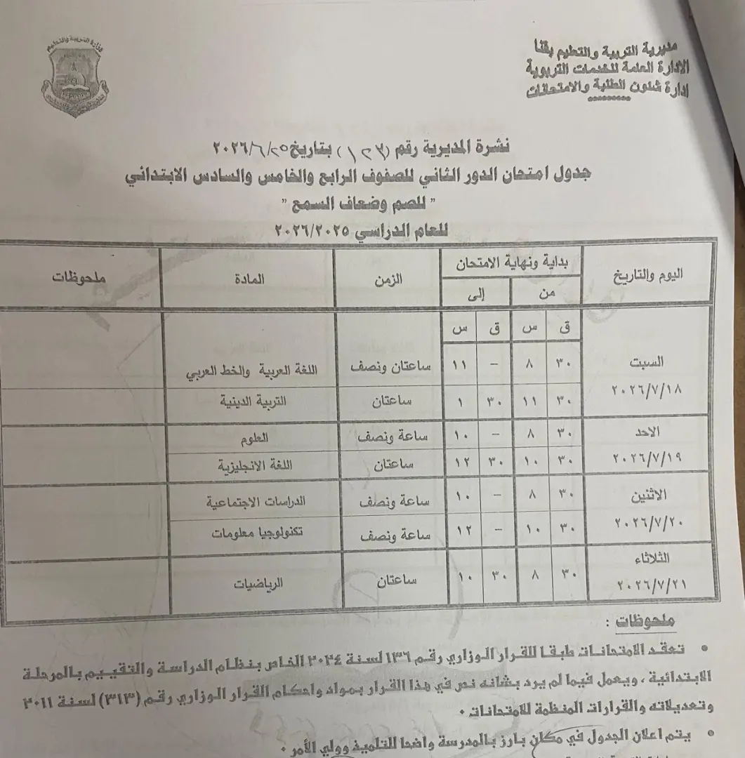 تعليم قنا يعتمد جداول امتحانات الدور الثاني لصفوف النقل والشهادة الإعدادية للعام الدراسي 2025/2026 - 1000710976