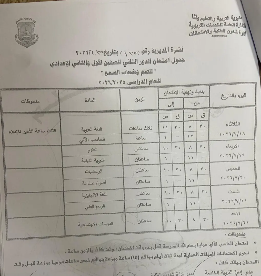 تعليم قنا يعتمد جداول امتحانات الدور الثاني لصفوف النقل والشهادة الإعدادية للعام الدراسي 2025/2026 - 1000710993