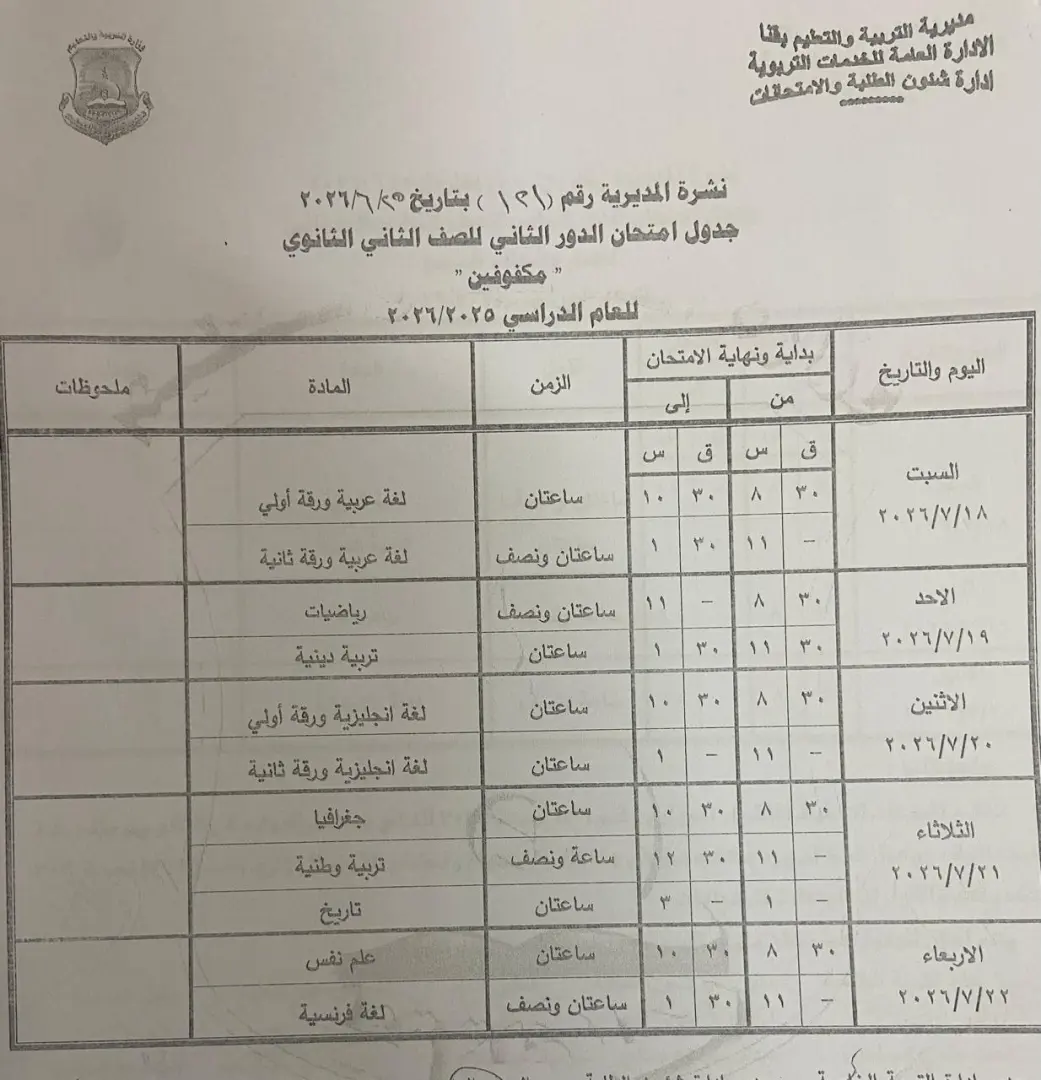 تعليم قنا يعتمد جداول امتحانات الدور الثاني لصفوف النقل والشهادة الإعدادية للعام الدراسي 2025/2026 - 1000710998