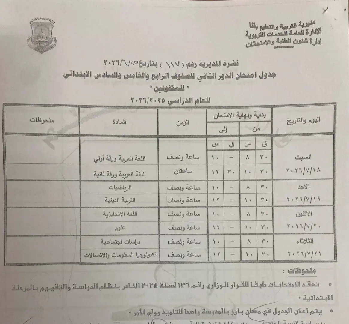 تعليم قنا يعتمد جداول امتحانات الدور الثاني لصفوف النقل والشهادة الإعدادية للعام الدراسي 2025/2026 - 1000710999