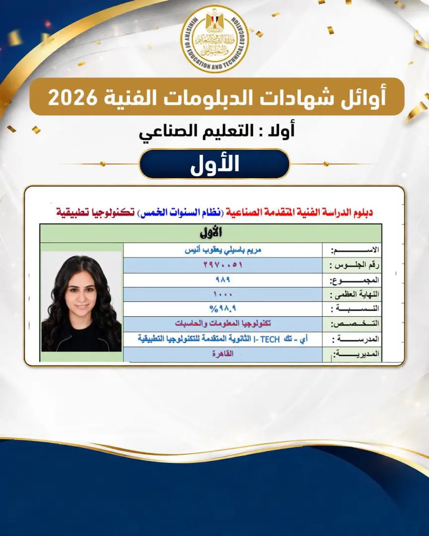 ننشر أسماء أوائل الدبلومات الفنية 2026 بعد اعتماد النتيجة رسميًا