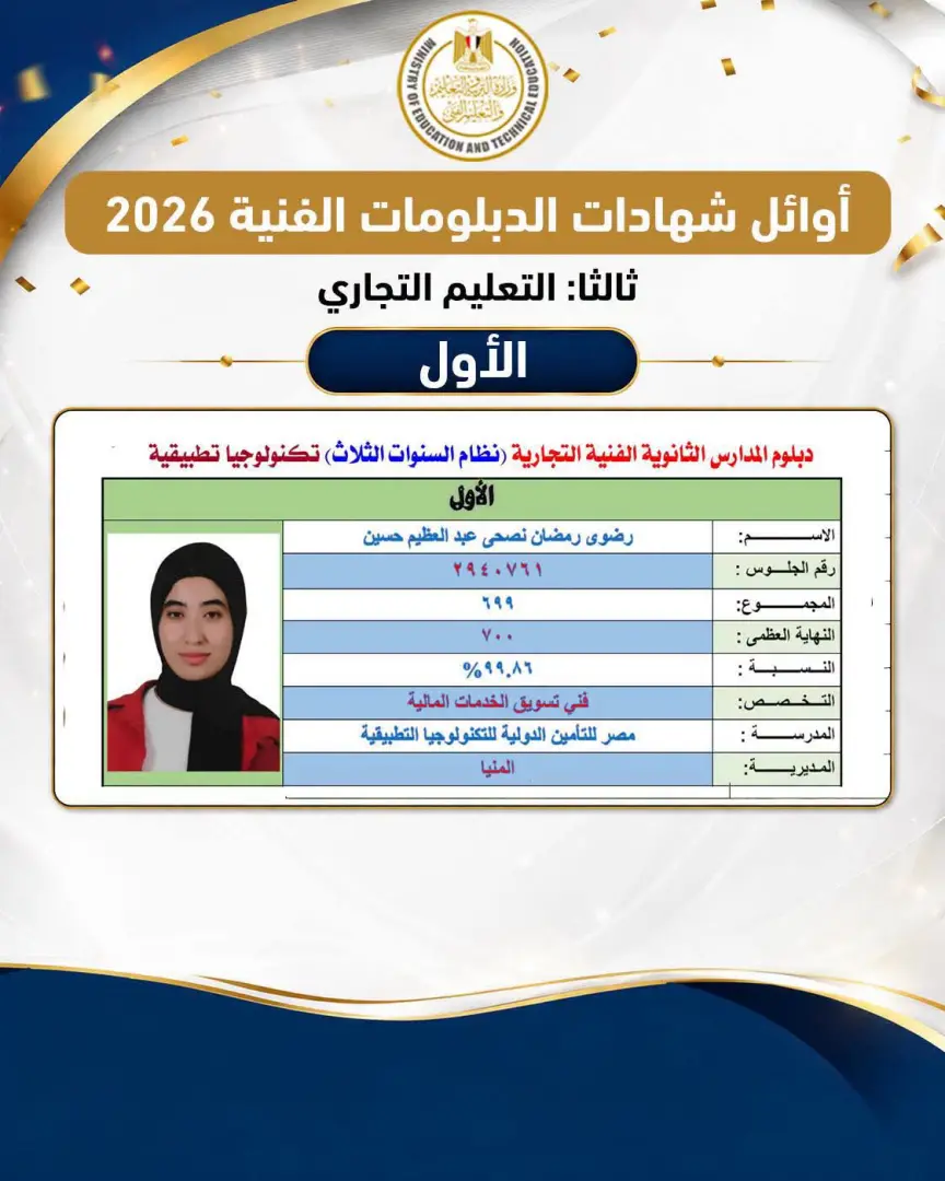 ننشر أسماء أوائل الدبلومات الفنية 2026 بعد اعتماد النتيجة رسميًا