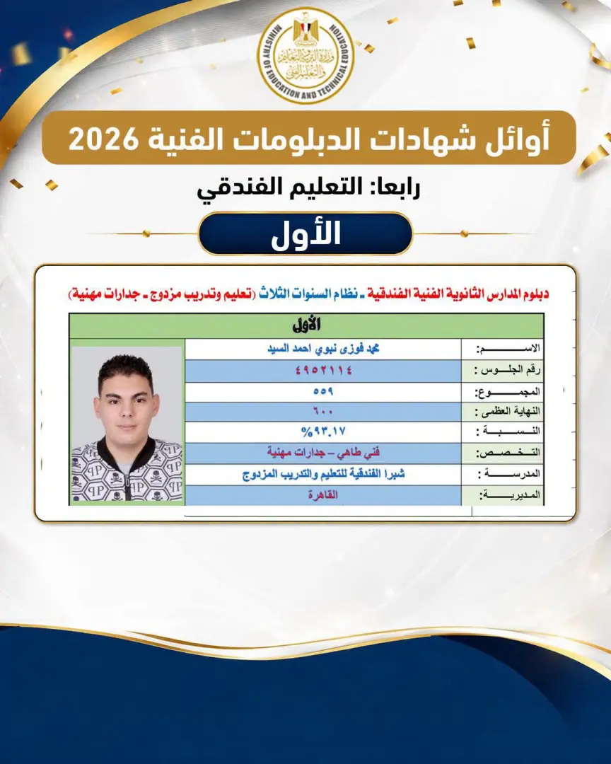 ننشر أسماء أوائل الدبلومات الفنية 2026 بعد اعتماد النتيجة رسميًا