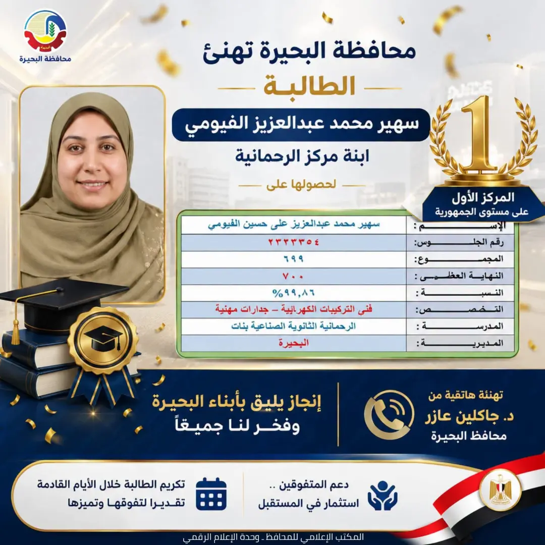 هاتفياً.. محافظ البحيرة تهنئ الأولى على الجمهورية في دبلوم التعليم الفني الصناعي