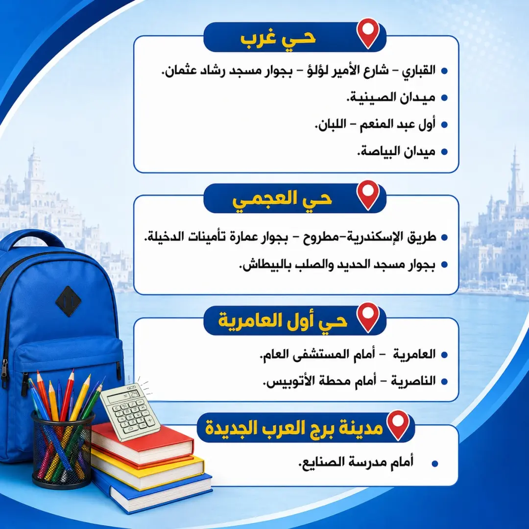 تنفيذا لتوجيهات المهندس/ أيمن عطية، محافظ الإسكندرية، وفي إطار الاستعدادات للعام الدراسي الجديد، وحرصًا على توفير احتياجات المواطنين من الأدوات والمستلزمات المدرسية بأسعار مناسبة، تعلن محافظة الإسكندرية عن أماكن معارض بيع الأدوات والمستلزمات المدرسية بعدد من المواقع بمختلف أحياء المحافظة، وذلك للتيسير على المواطنين وتلبية احتياجات الأسر السكندرية.