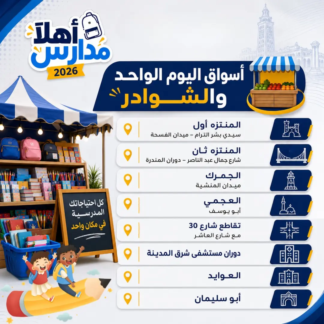 تنفيذا لتوجيهات المهندس/ أيمن عطية، محافظ الإسكندرية، وفي إطار الاستعدادات للعام الدراسي الجديد، وحرصًا على توفير احتياجات المواطنين من الأدوات والمستلزمات المدرسية بأسعار مناسبة، تعلن محافظة الإسكندرية عن أماكن معارض بيع الأدوات والمستلزمات المدرسية بعدد من المواقع بمختلف أحياء المحافظة، وذلك للتيسير على المواطنين وتلبية احتياجات الأسر السكندرية.