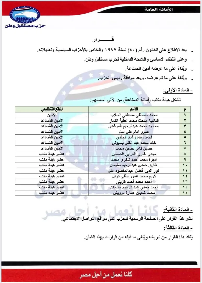 بالأسماء.. «مستقبل وطن» يستكمل هيكل أماناته المركزية بتشكيلات تنظيمية جديدة