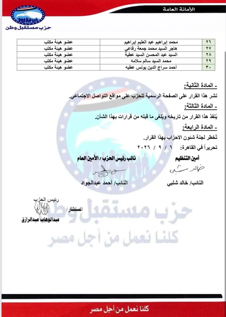 بالأسماء.. «مستقبل وطن» يستكمل هيكل أماناته المركزية بتشكيلات تنظيمية جديدة