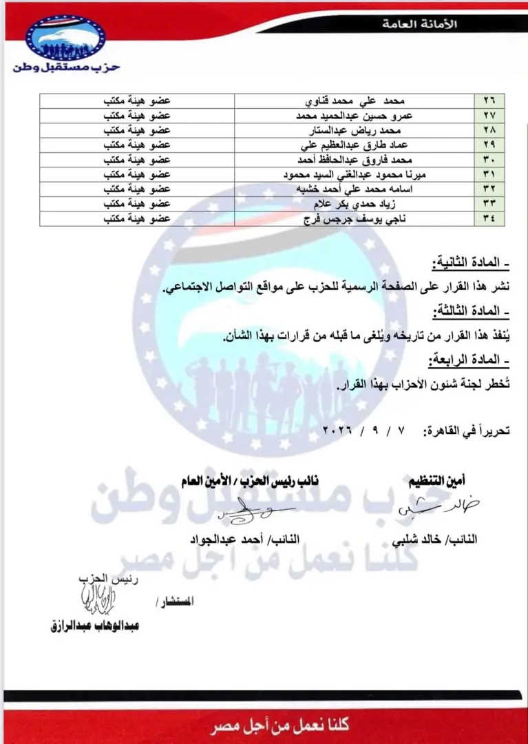 بالأسماء.. «مستقبل وطن» يستكمل هيكل أماناته المركزية بتشكيلات تنظيمية جديدة