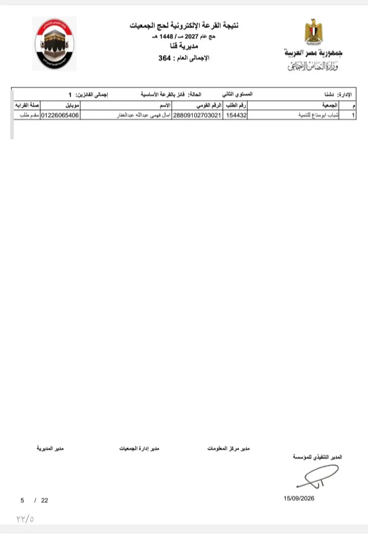 بالأسماء.. نتيجة قرعة حج الجمعيات الأهلية بمحافظة قنا لموسم 1448هـ / 2027م