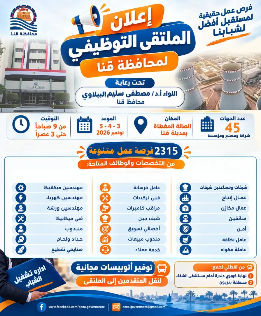 2315 فرصة عمل لشباب قنا.. التخصصات المطلوبة ورابط التسجيل