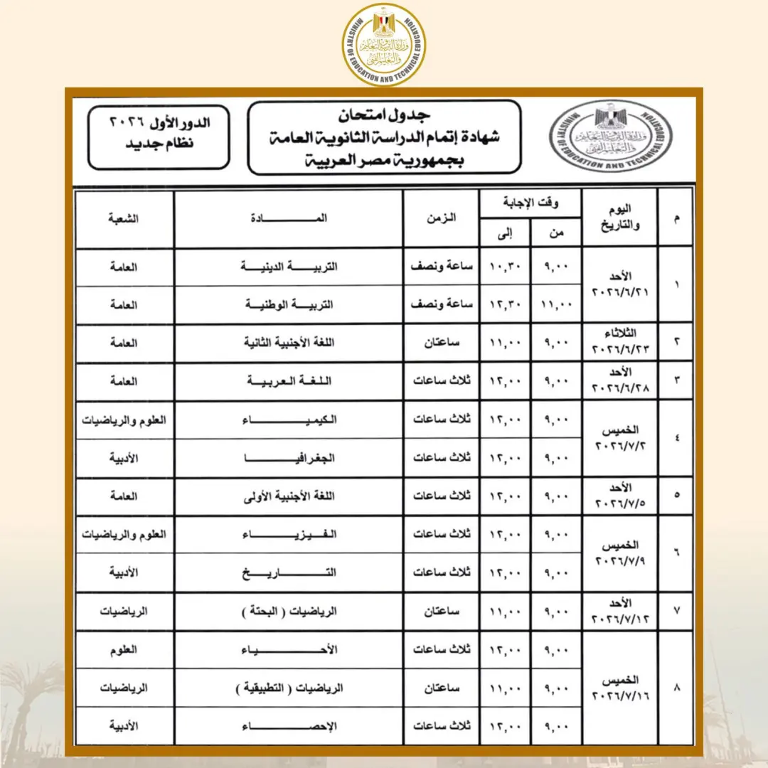 رابط أرقام جلوس الثانوية العامة 2026 على موقع وزارة التربية والتعليم