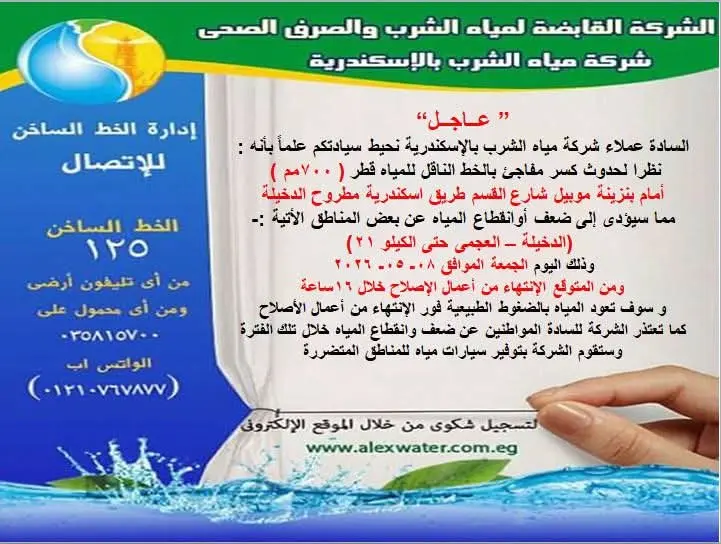 قطع المياه عن الدخيلة والعجمي بالإسكندرية بسبب كسر مفاجئ (تعرف على الموعد)