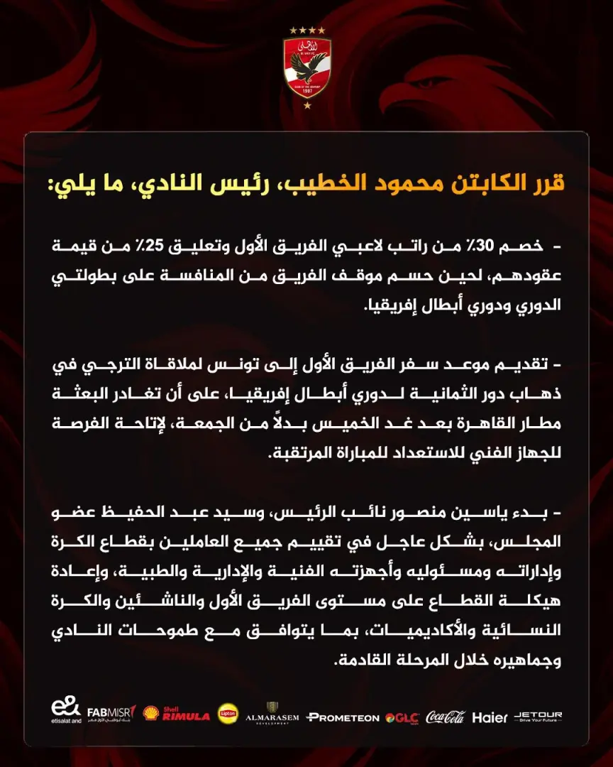 الأهلى يقرر خصم 30% من عقود لاعبيه - 1000458686