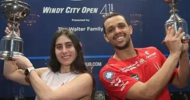 وزير الرياضة يهنئ نور الشربينى ومصطفى عسل بعد التتويج ببطولة الاسكواش