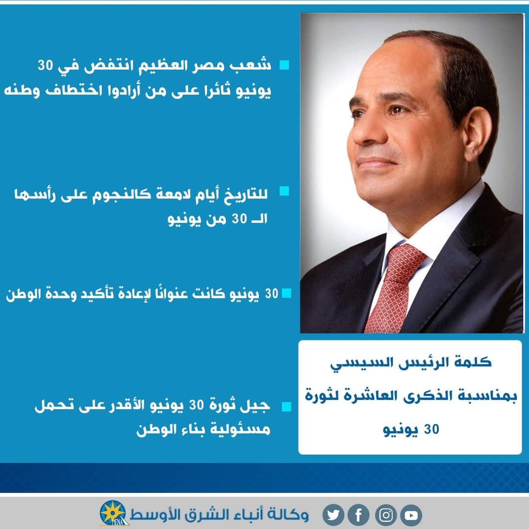 الرئيس : ثورة 30 يونيو..أضاءت عتمة الليل وبددت ظلمة الطغيان 
