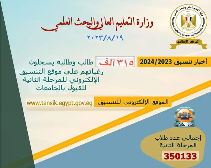 315 ألف طالب يسجلون فى تنسيق المرحلة الثانية للقبول بالجامعات