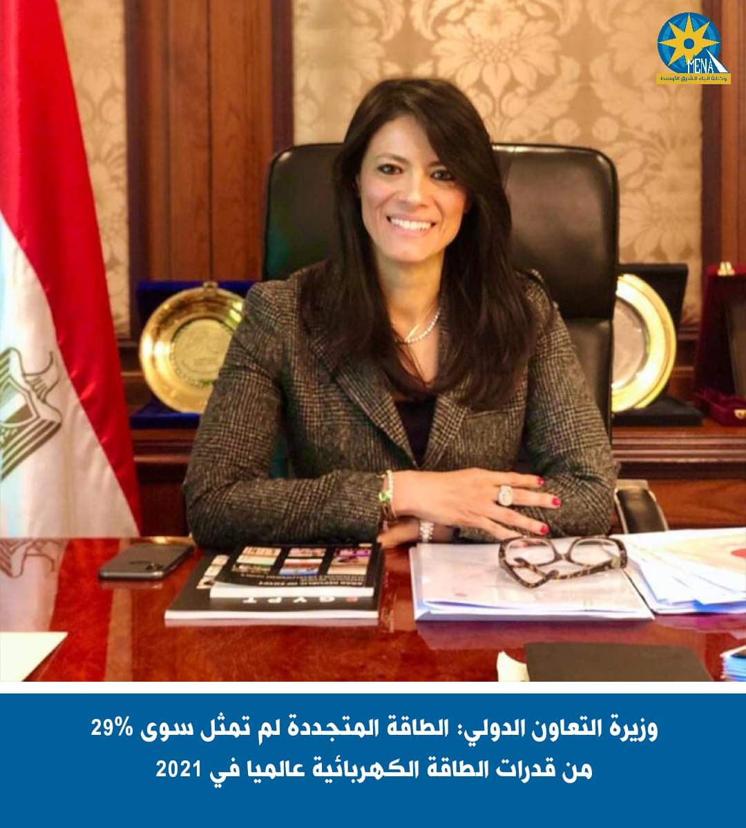وزيرة التعاون الدولى : الطاقة المتجددة لم تمثل سوى 29% من قدرات الطاقة الكهربائية عالميا فى 2021