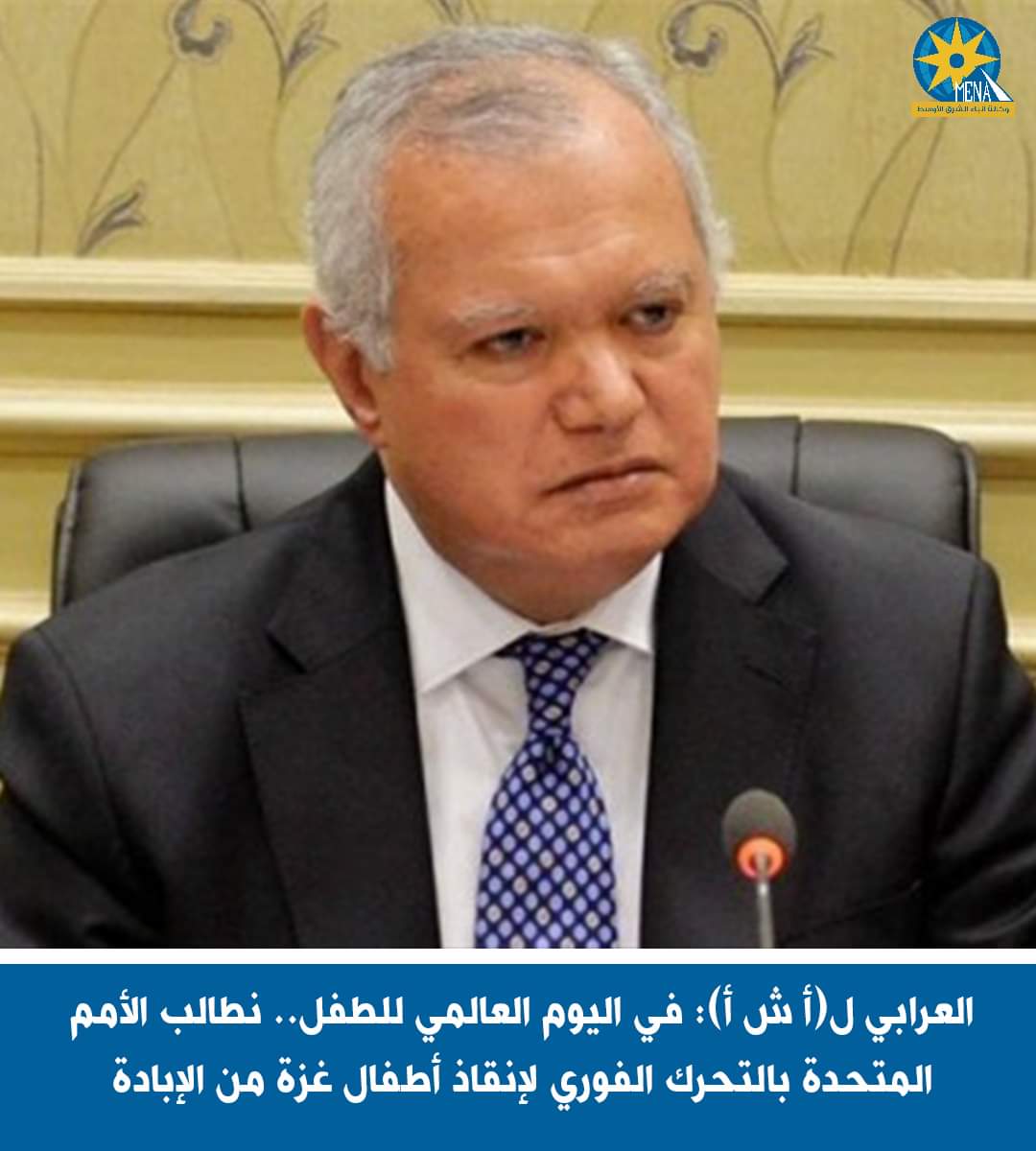 العرابى يطالب الأمم المتحدة بالتحرك الفوري لإنقاذ أطفال فلسطين
