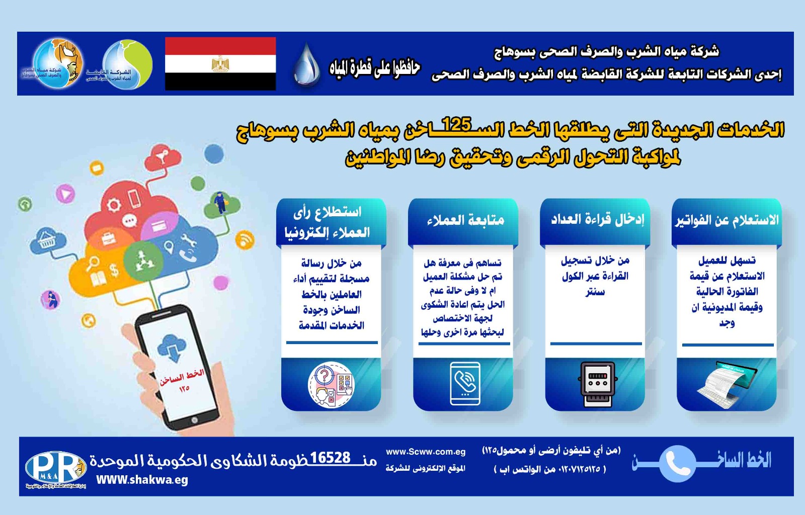4 خدمات جديدة يطلقها الخط الساخن 125 بمياه الشرب بسوهاج لمواكبة التحول الرقمى
