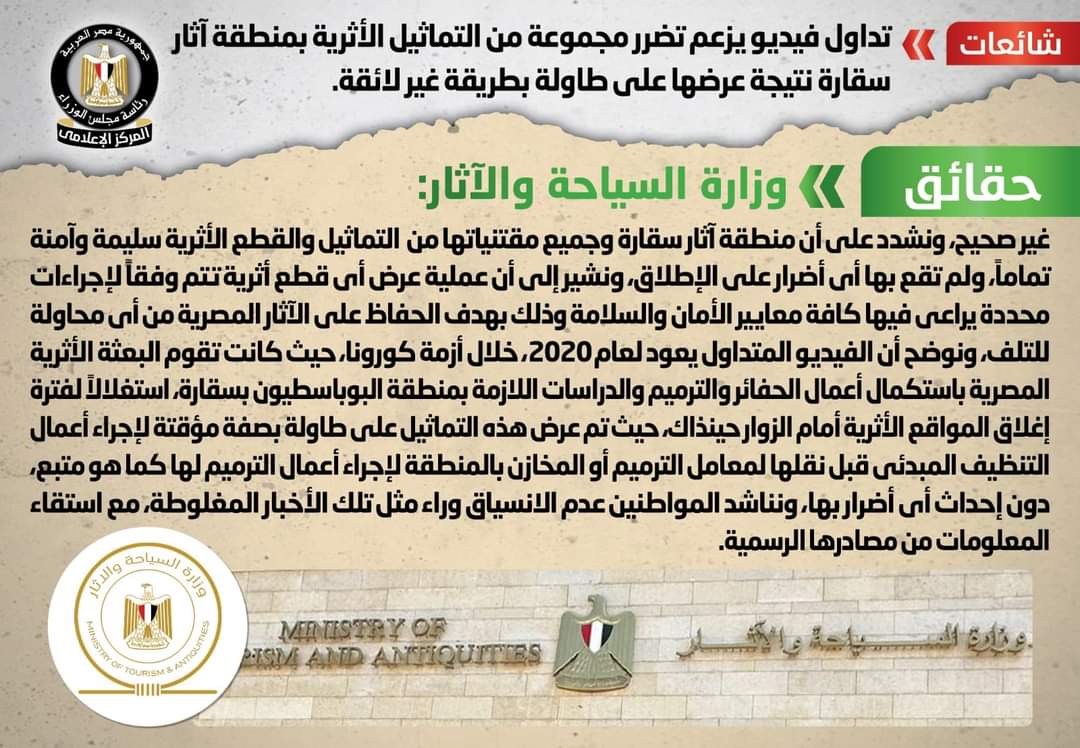 الحكومة تفند فيديو آثار سقارة.. وتؤكد :يعود لعام 2020