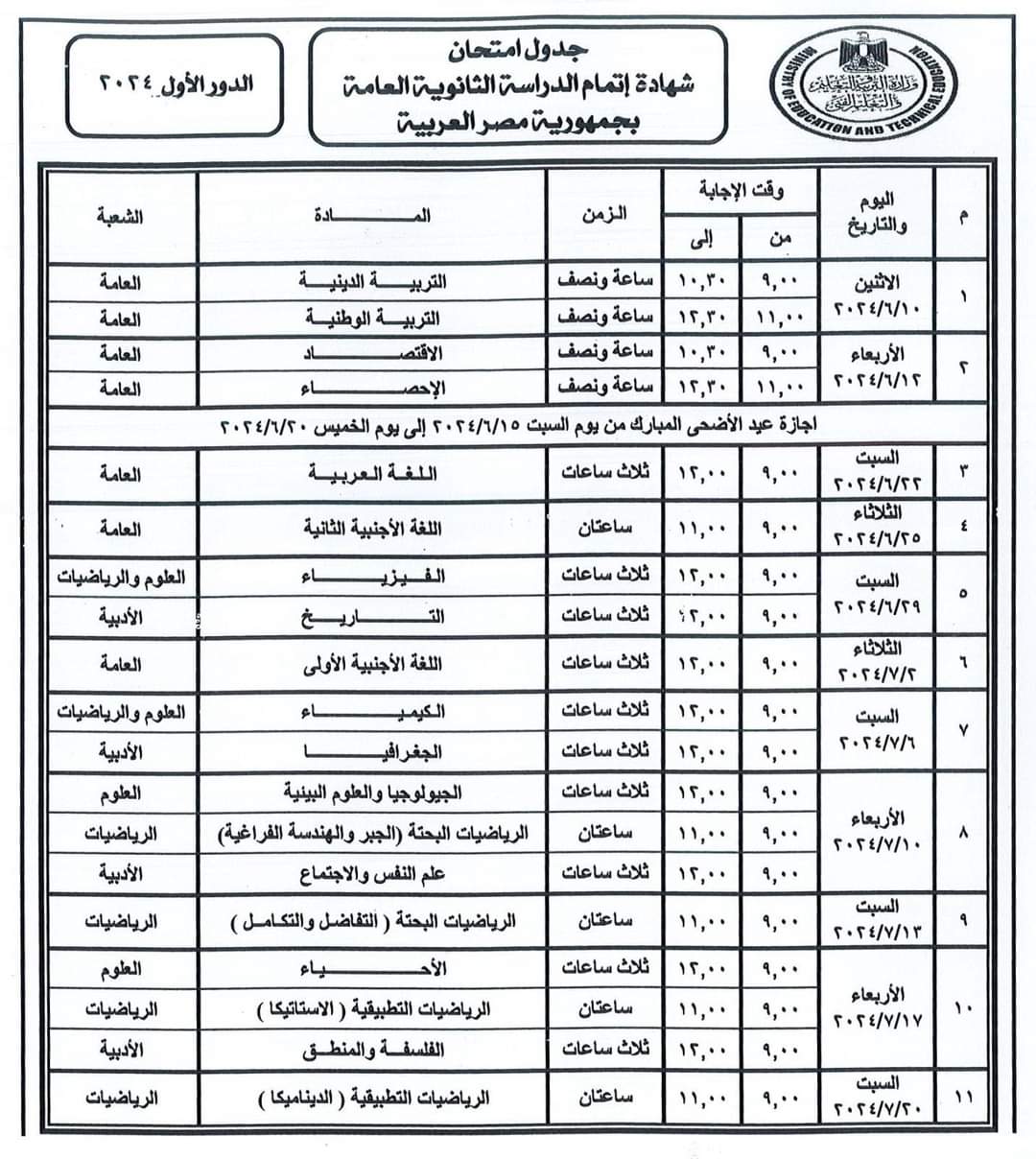 الجدول الكامل لإمتحانات الثانوية العامة