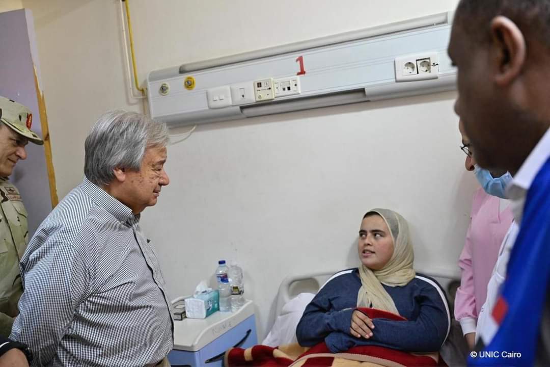جوتيريش يستمع لشهادات عدد من الجرحى الفلسطينيين الذين يتلقون العلاج بمستشفى العريش