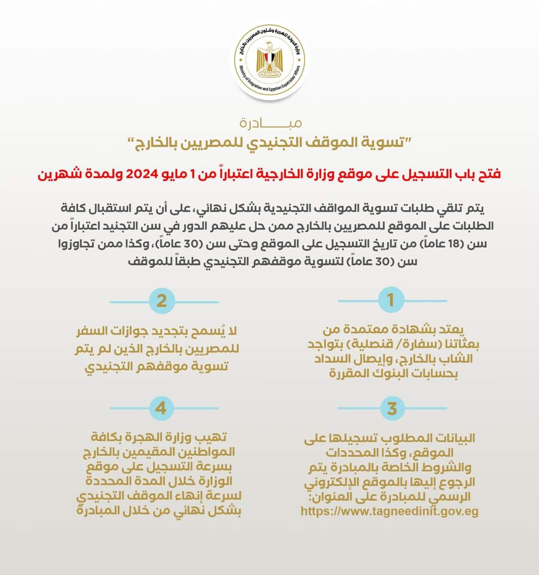 وزارة الهجرة تسلط الضوء على شروط التسجيل بمبادرة تسوية الموقف التجنيدى للمصريين بالخارج