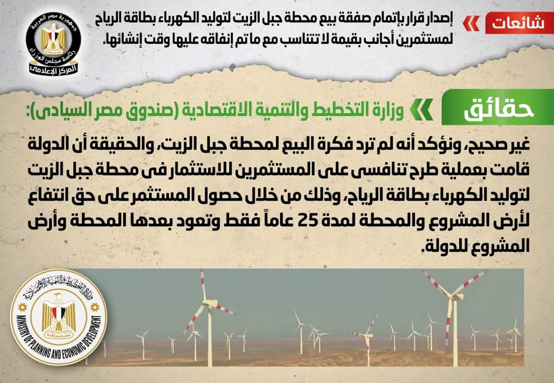 الحكومة : طرح تنافسى للاستثمار فى محطة جبل الزيت لتوليد الكهرباء بطاقة الرياح