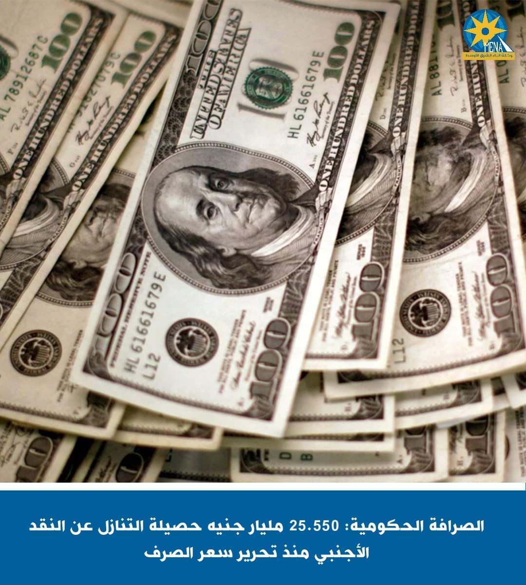 الصرافة الحكومية: 25.550 مليار جنيه حصيلة التنازل عن النقد الأجنبى منذ تحرير سعر الصرف