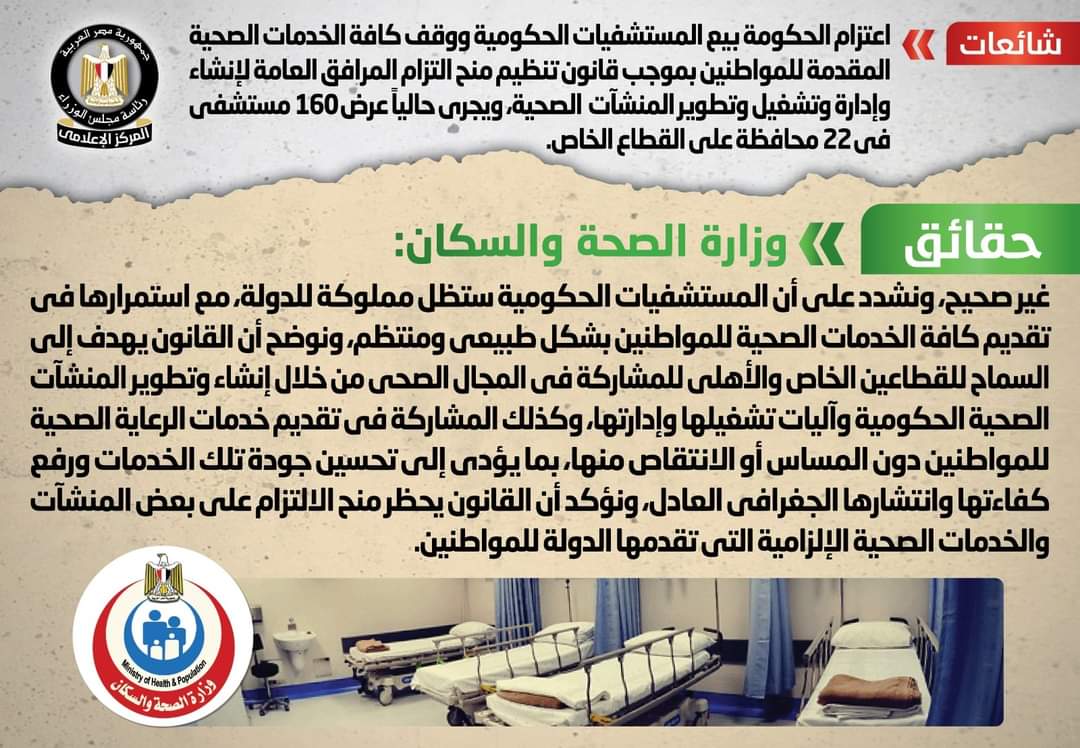 الصحة : لا بيع للمستشفيات الحكومية..القطاع الخاص يشارك فى التطوير بموجب القانون