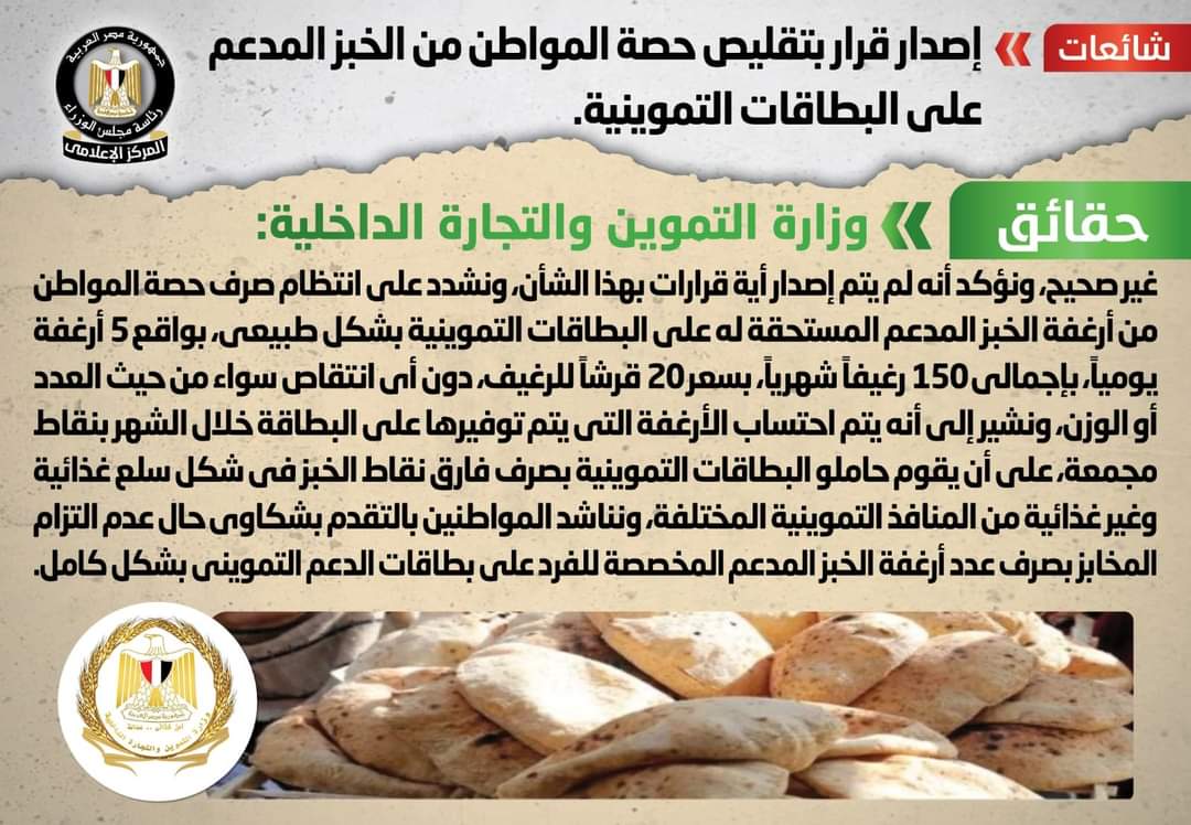 الحكومة تنفى تقليص حصة المواطن من الخبز المدعم على البطاقات التموينية
